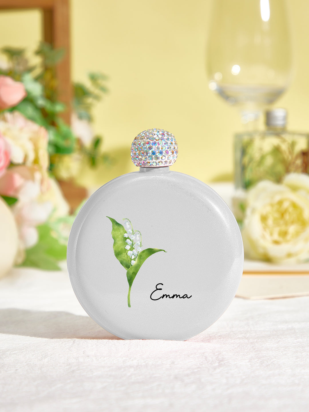 Personalized Birth Flower Round Flasks with Name 5oz Glitter Flask Birthday Bridesmaid Party Gift for Girls