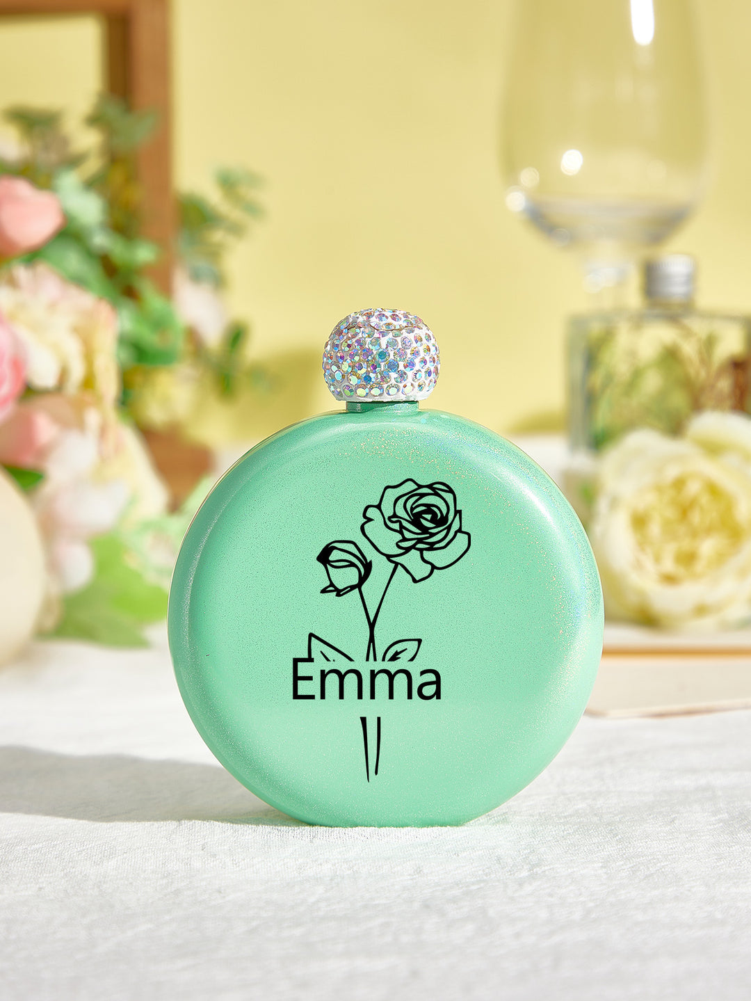 Personalized Birth Flower Round Flasks with Name 5oz Glitter Flask Wedding Birthday Gift for Her