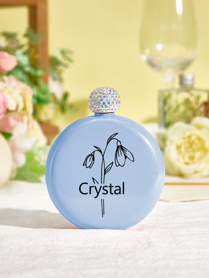 Personalized Birth Flower Round Flasks with Name 5oz Glitter Flask Wedding Birthday Gift for Her