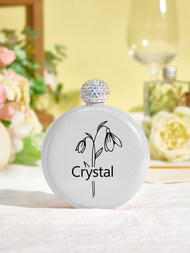 Personalized Birth Flower Round Flasks with Name 5oz Glitter Flask Wedding Birthday Gift for Her
