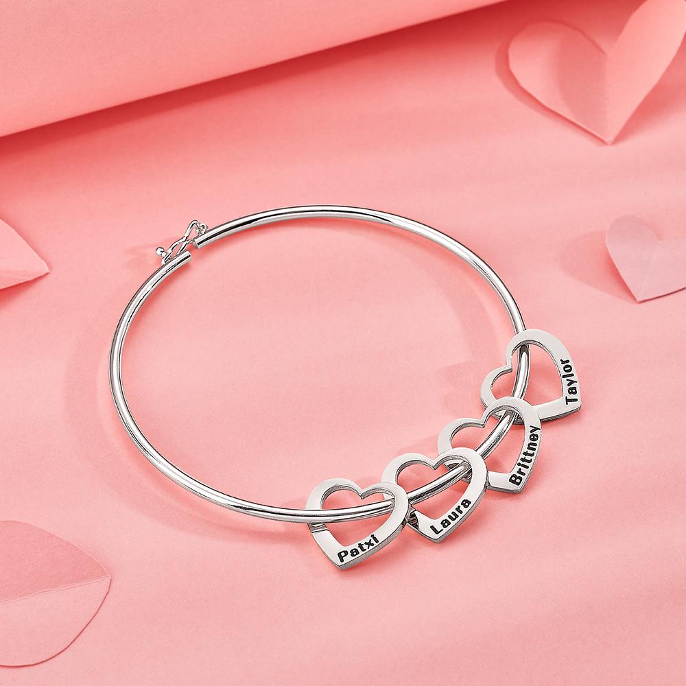 Custom Bangle Bracelet with Heart/Round Pendants Personalized Gift