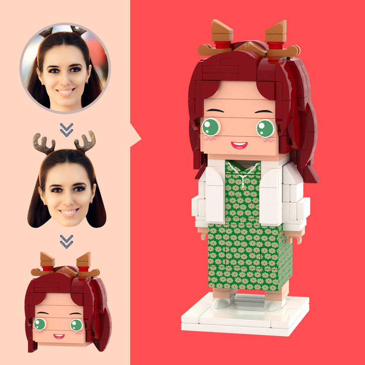 Customized Head Green Floral Long Dress Figures Small Particle Block Toy Customizable Brick Art Gifts