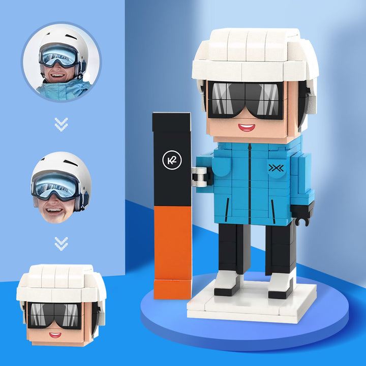 Customized Head Snowboarder Figures – Small Particle Building Blocks, Personalized Brick Art Toy Gifts