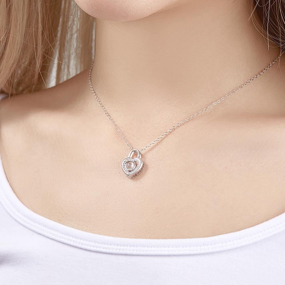 Personalized Photo Projection Necklace Love Heart Lock Shaped Pendant Valentine's Day Gift
