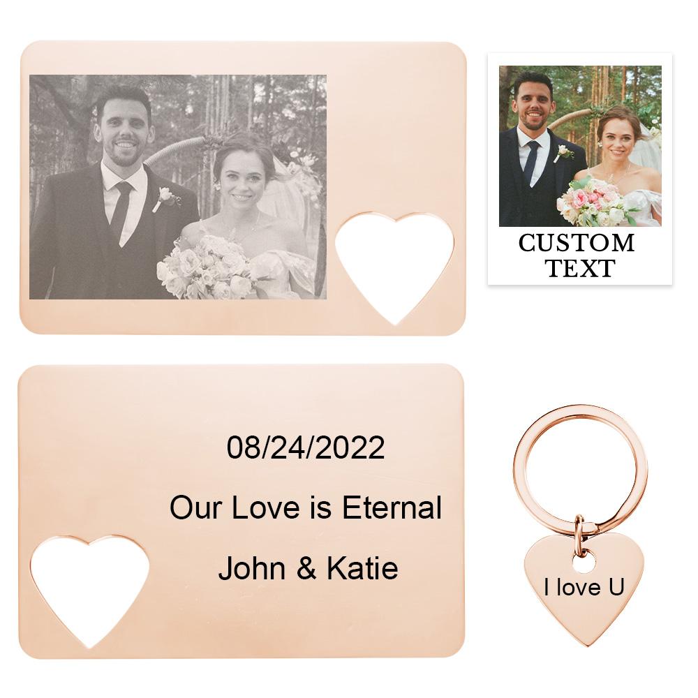 Custom Photo Engraved Wallet Card Keychain Set Creative Couple Gifts