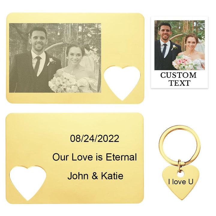 Custom Photo Engraved Wallet Card Keychain Set Creative Couple Gifts
