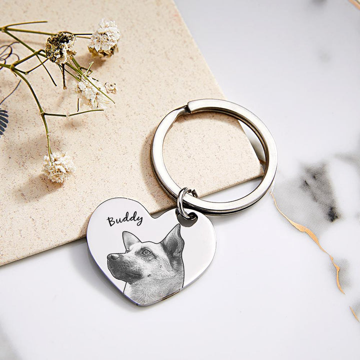 Custom Pet Portrait Heart Keychain Personalized Name