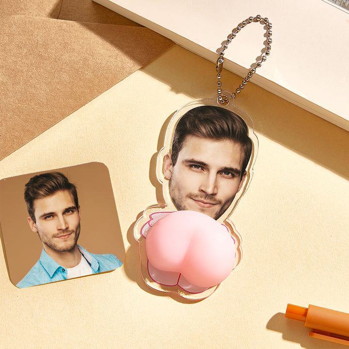 Custom Face Photo Pink Butt Squeezable Acrylic Keychain – Funny Personalized Gift