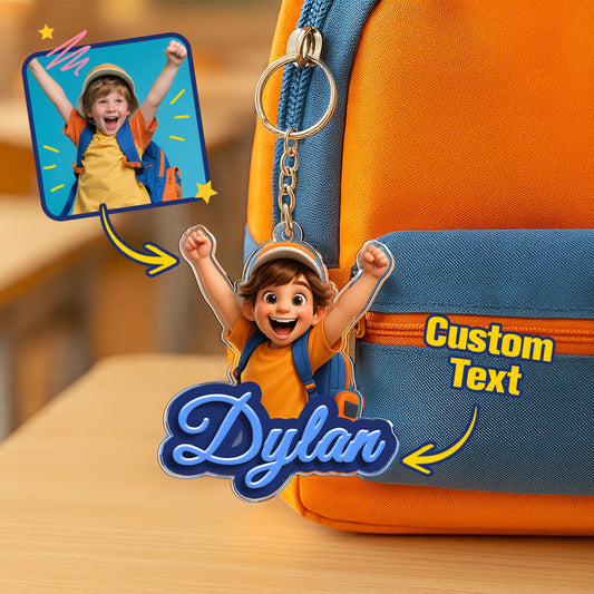 Custom Photo Cartoon Style Keychain – Personalized Name Keychain for Kids Back to School Gift