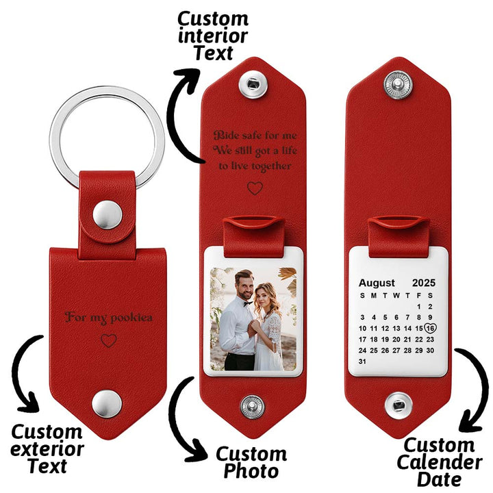 Personalized Photo and Calendar PU Leather Keychain with Custom Text Valentines Gifts for Him