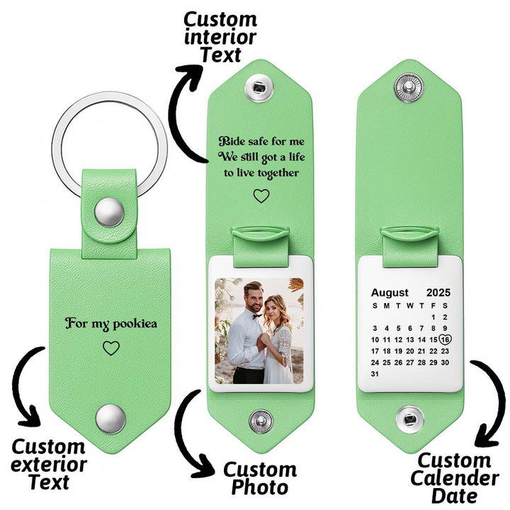 Personalized Photo and Calendar PU Leather Keychain with Custom Text Valentines Gifts for Him