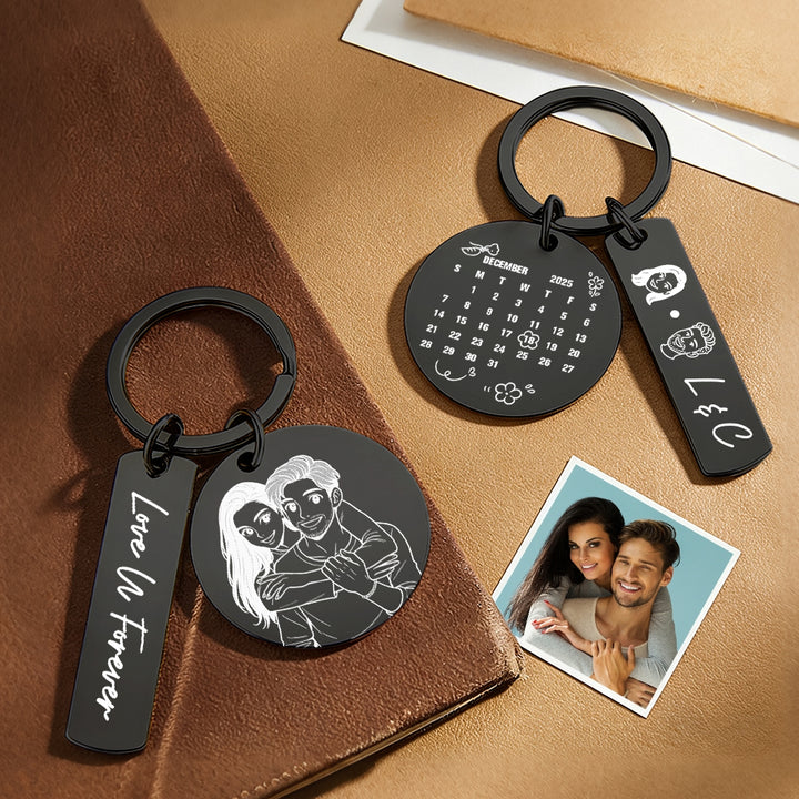 Personalized Calendar Keychain Custom Photo and Date Keyring Couple Portrait Keychain Anniversary Valentines Gift