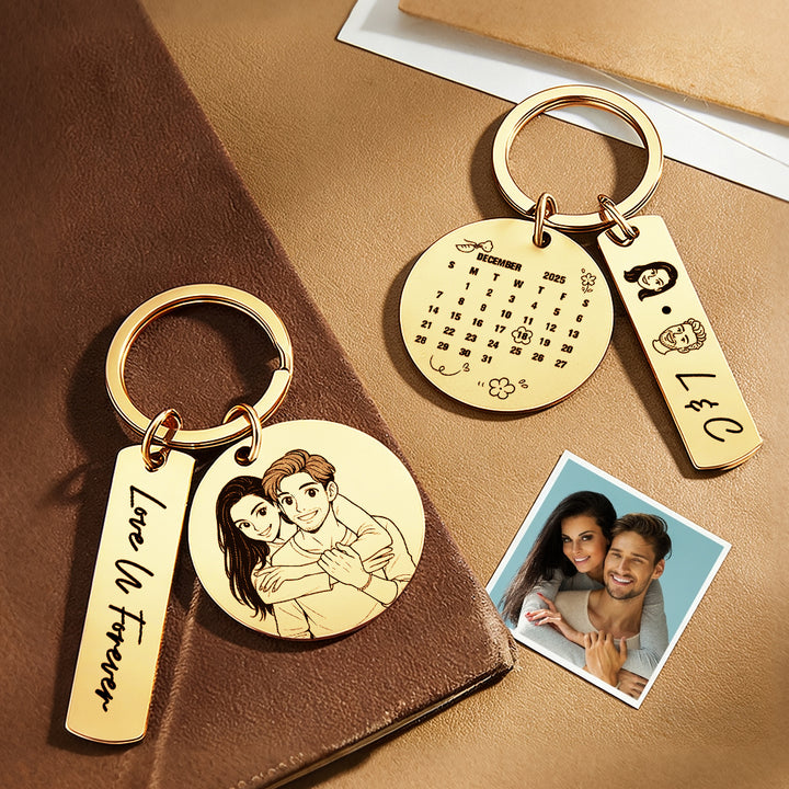 Personalized Calendar Keychain Custom Photo and Date Keyring Couple Portrait Keychain Anniversary Valentines Gift