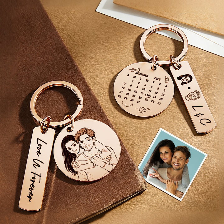 Personalized Calendar Keychain Custom Photo and Date Keyring Couple Portrait Keychain Anniversary Valentines Gift