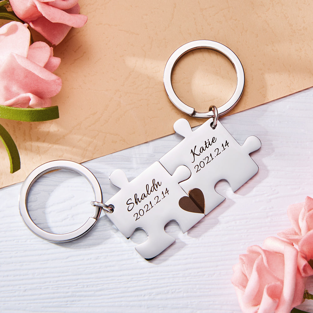 Custom Engraved Couple Keychain Set Personalized Puzzle Key Ring Valentine's Day Gifts Wedding Gifts