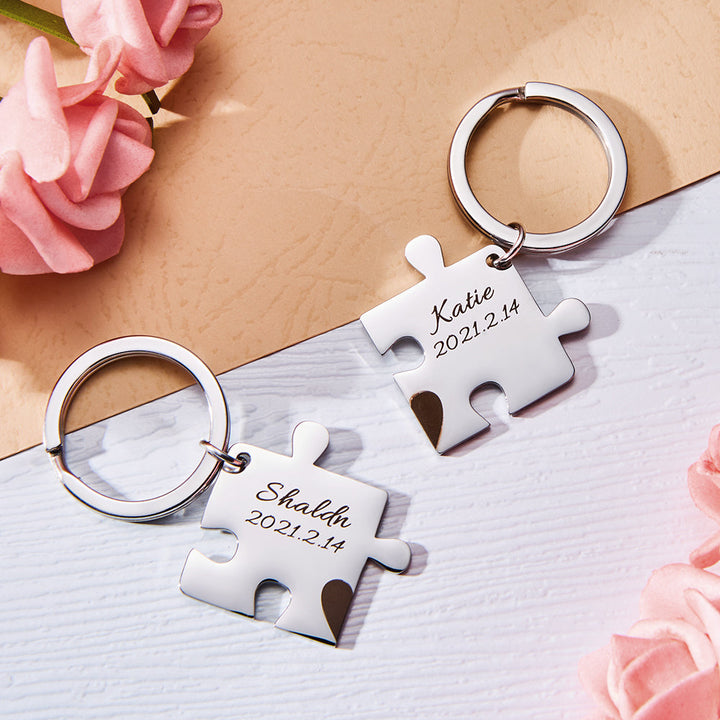 Custom Engraved Couple Keychain Set Personalized Puzzle Key Ring Valentine's Day Gifts Wedding Gifts