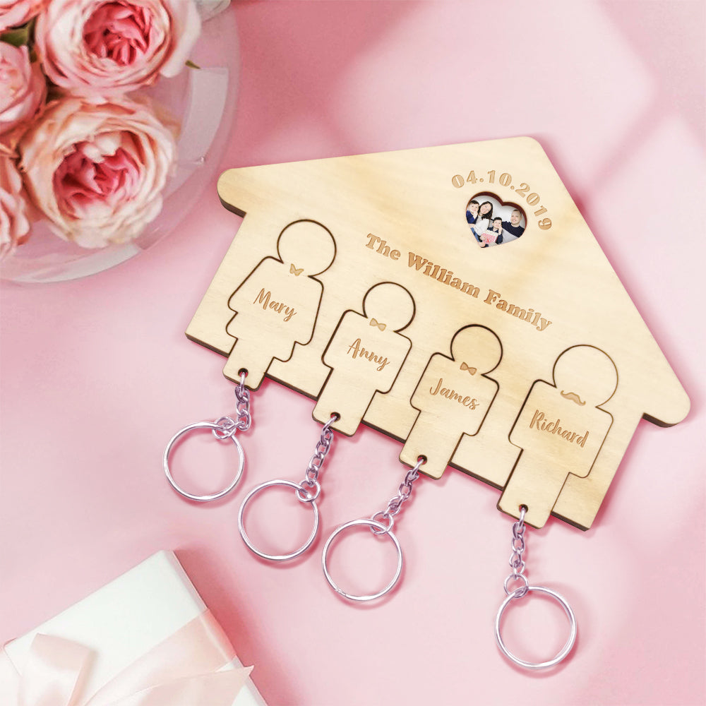 Custom Wooden Photo Key Holder Personalized Name Keychain Home Decorative Gift for Family