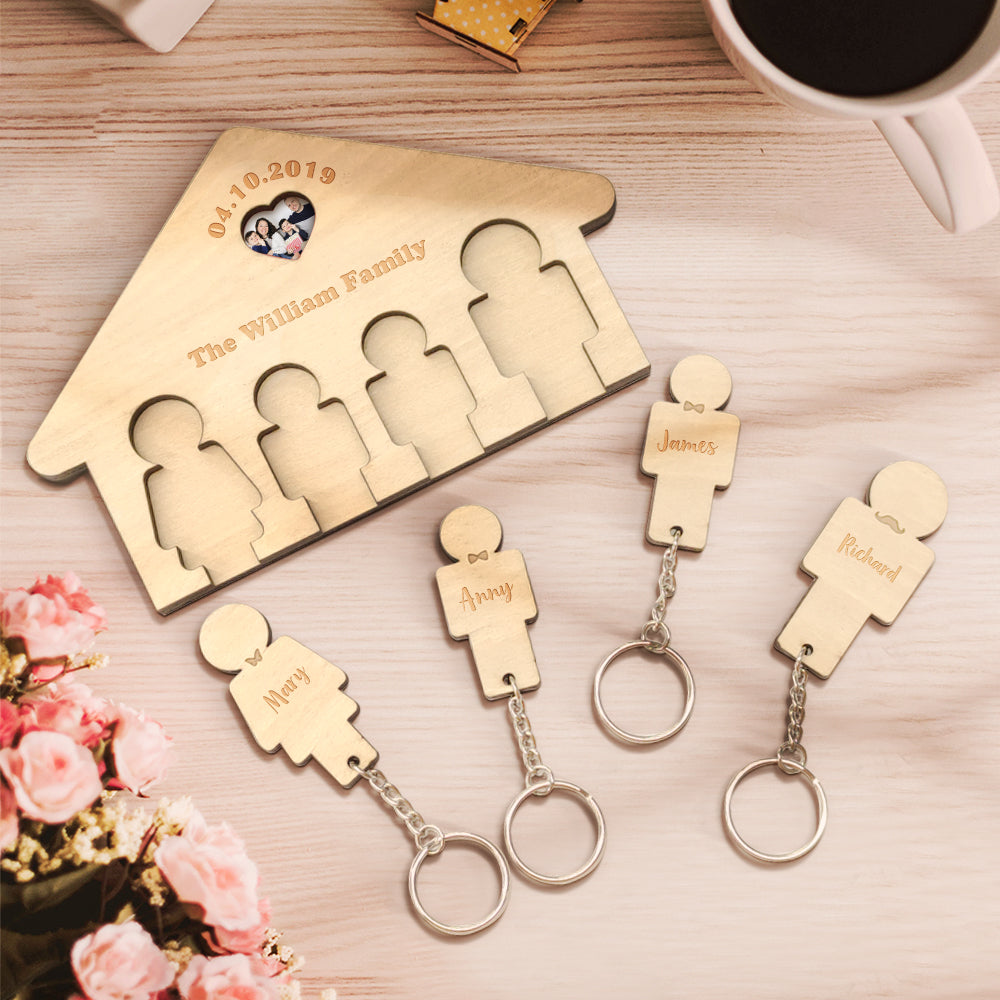 Custom Wooden Photo Key Holder Personalized Name Keychain Home Decorative Gift for Family