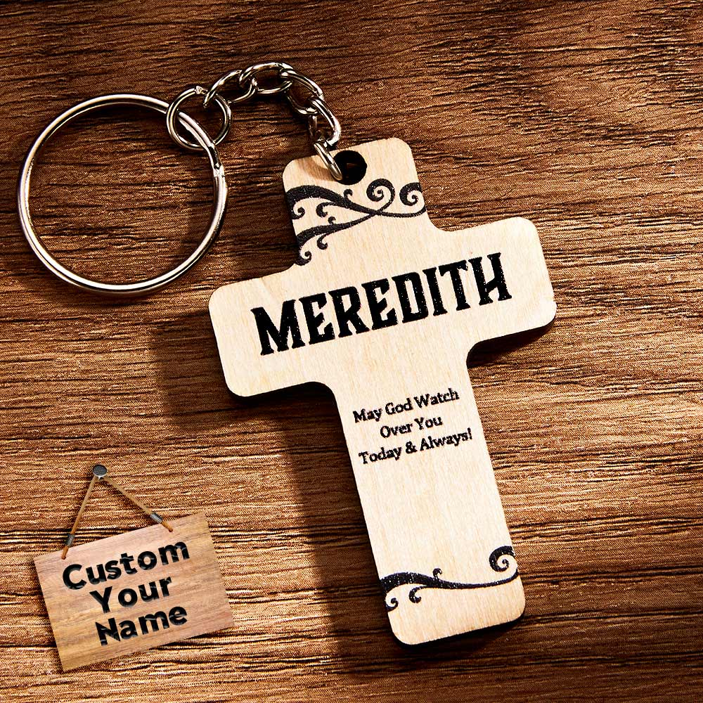 God Bless You Personalized Name Wood Cross Keychain Custom Name Cross Gift for Christians