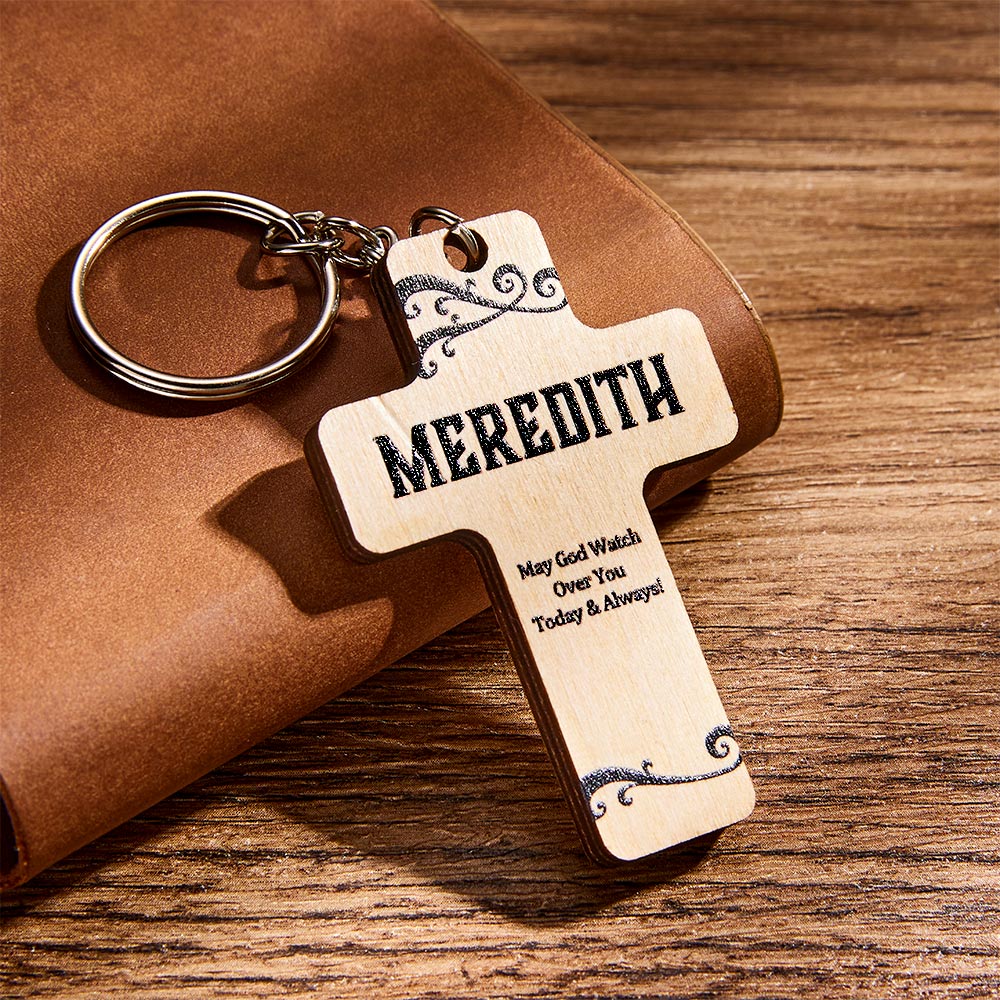 God Bless You Personalized Name Wood Cross Keychain Custom Name Cross Gift for Christians