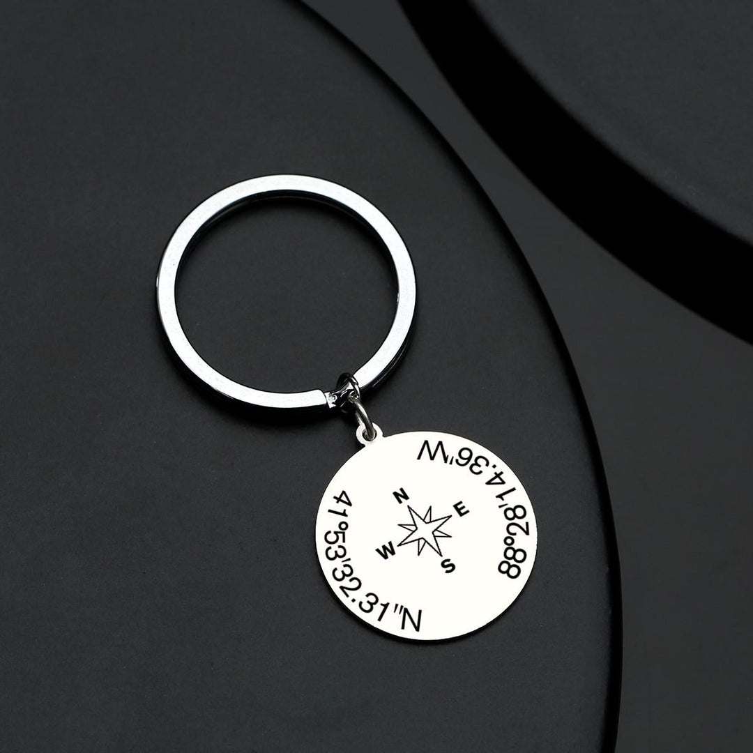 Custom Coordinates Keychain with Compass - Custom Latitude Longitude Keychain