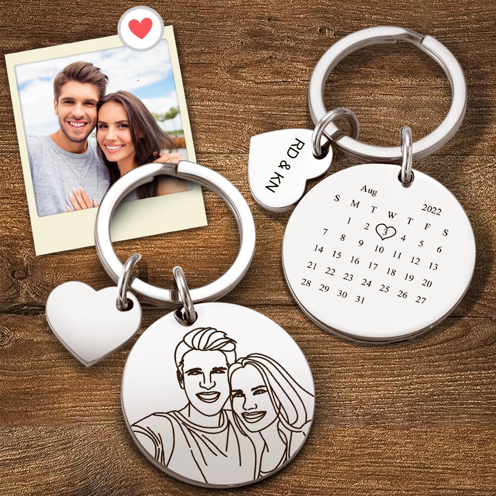 Custom Line Art Photo Engraved Keychain Date Save Keychain Significant Date Marker Custom Anniversary Gifts