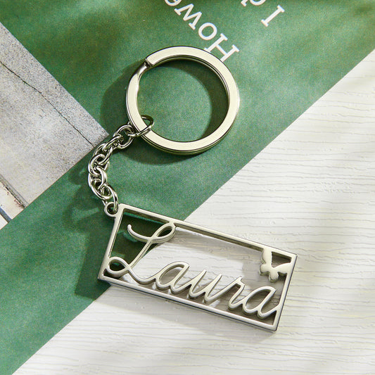 Personalized Name Rectangle Border Keychain Custom Text Stainless Steel  Key Holder Creative Gifts for Him
