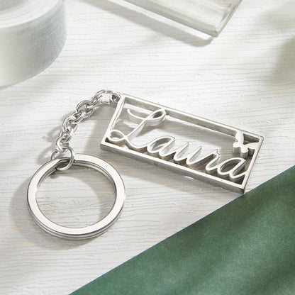 Personalized Name Rectangle Border Keychain Custom Text Stainless Steel  Key Holder Creative Gifts for Him