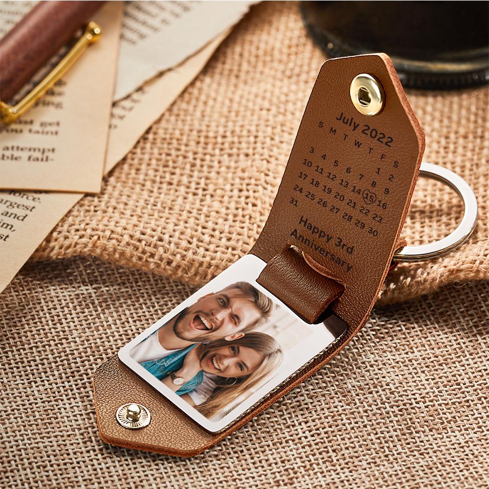 Personalized Calendar Date Keychain Couple Leather Keyring