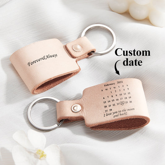 Personalized Calendar Leather Keychain Custom Engraved Date Elegant Keyring Anniversary Gift