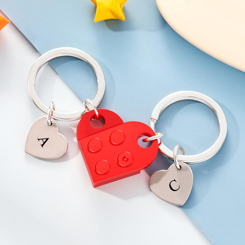 Engraved Heart Block Keychain Set First Initial Pendant Matching Heart Keychain for Couples