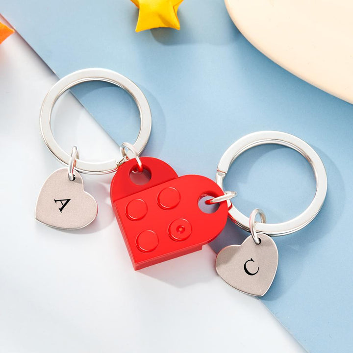 Engraved Heart Block Keychain Set First Initial Pendant Matching Heart Keychain for Couples
