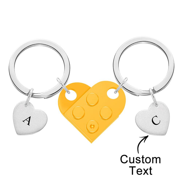 Engraved Heart Block Keychain Set First Initial Pendant Matching Heart Keychain for Couples