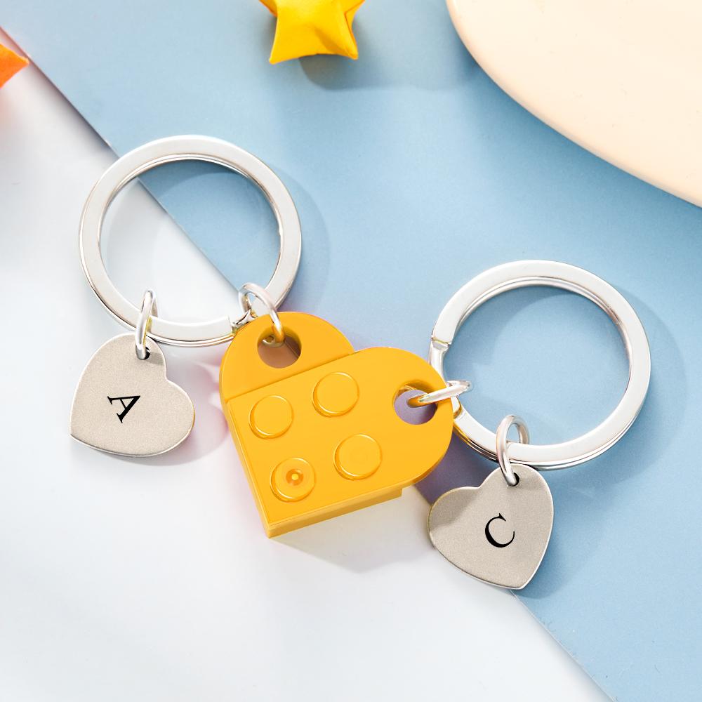 Engraved Heart Block Keychain Set First Initial Pendant Matching Heart Keychain for Couples