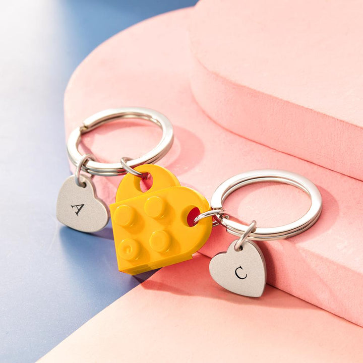 Engraved Heart Block Keychain Set First Initial Pendant Matching Heart Keychain for Couples