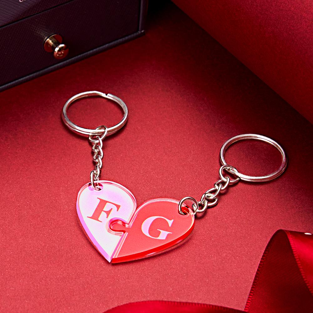 Custom Engraved Heart Puzzle Keychain Set First Initial Pendant Matching Heart Keychain for Couples