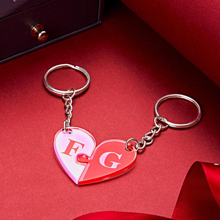 Custom Engraved Heart Puzzle Keychain Set First Initial Pendant Matching Heart Keychain for Couples