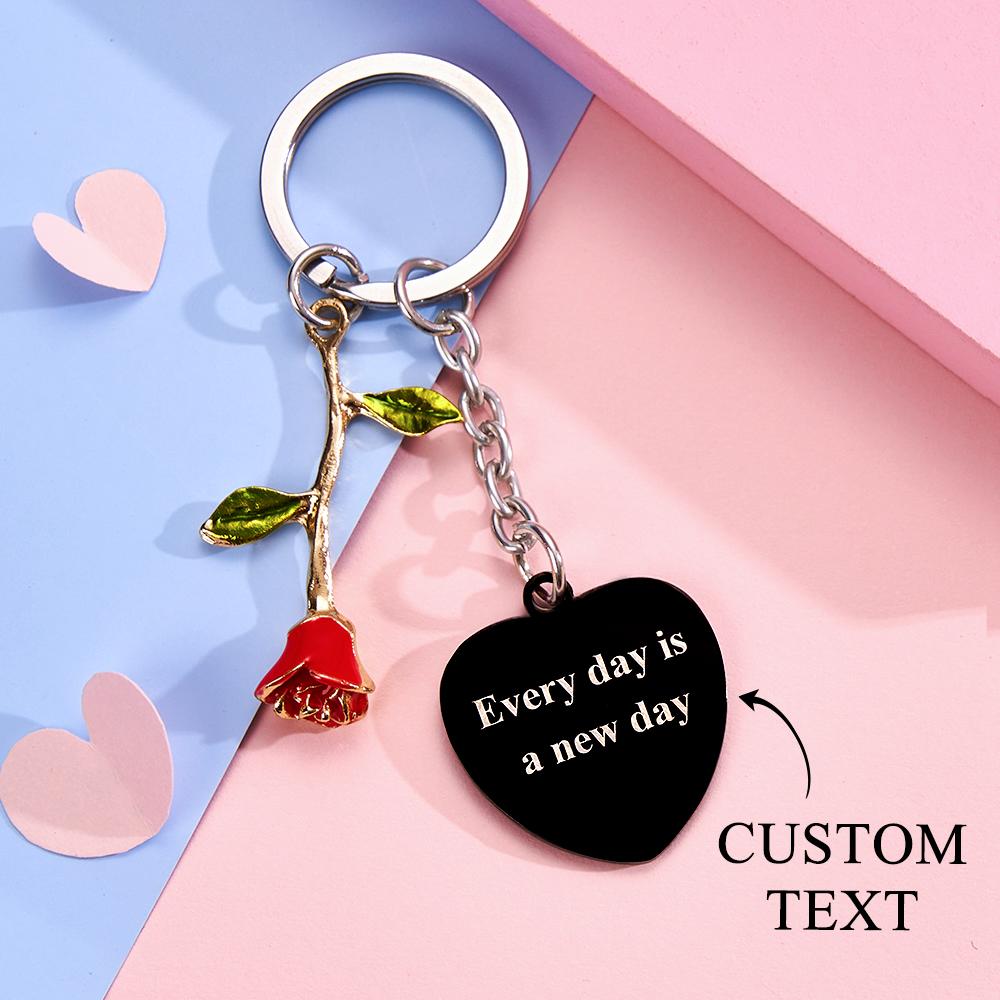 Personalized Rose Pendant Heart Keychain Elegant Flower Key Ring for Her
