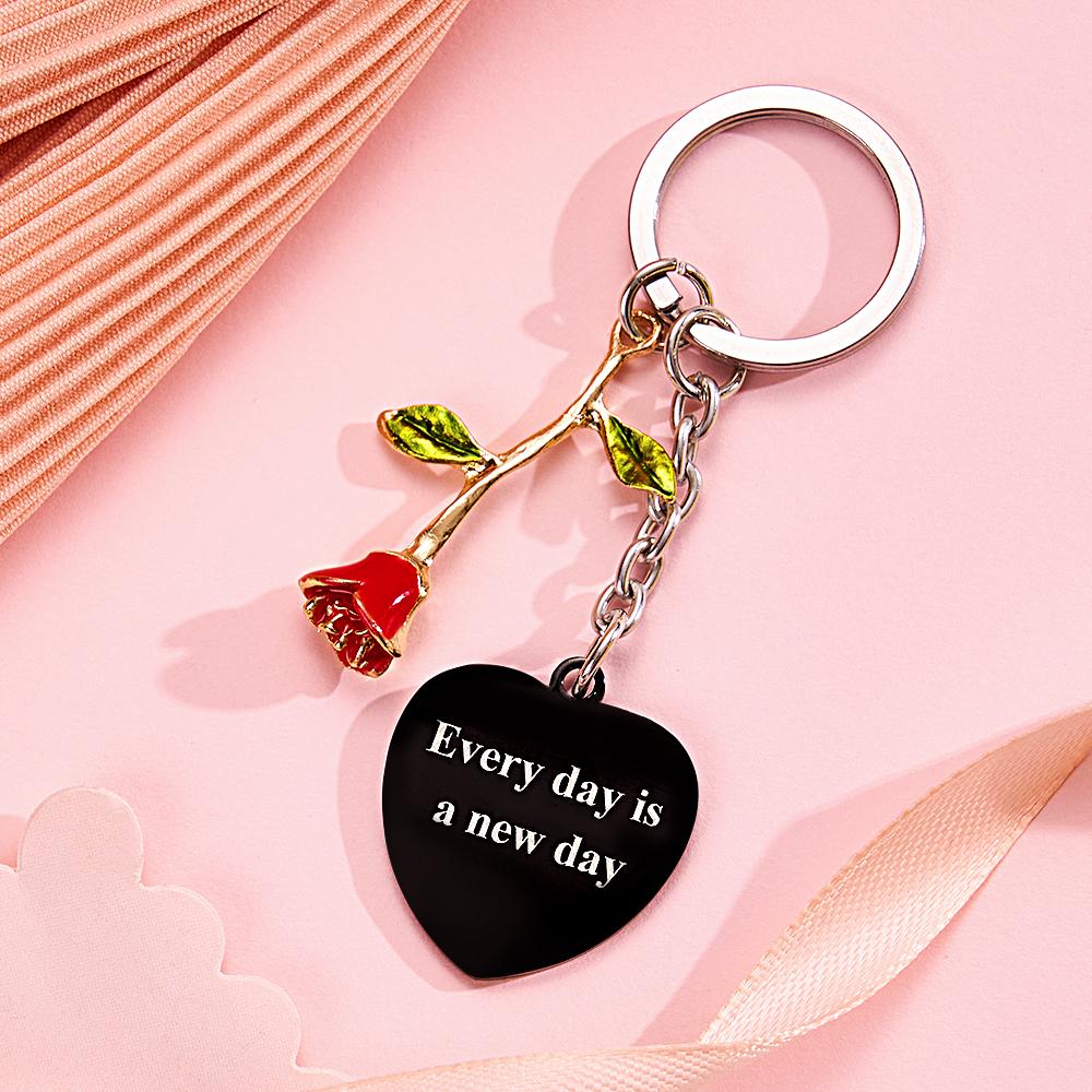 Personalized Rose Pendant Heart Keychain Elegant Flower Key Ring for Her
