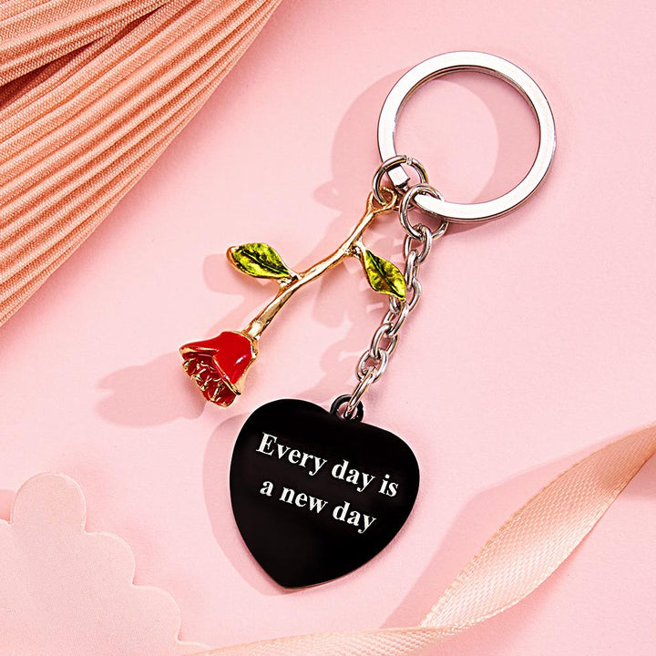 Personalized Rose Pendant Heart Keychain Elegant Flower Key Ring for Her