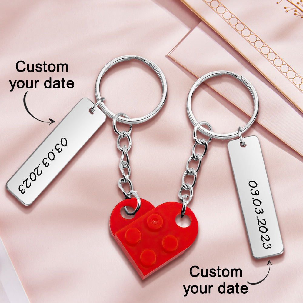 Personalized Date Matching Couples Love Heart Bricks Keychain for Couples