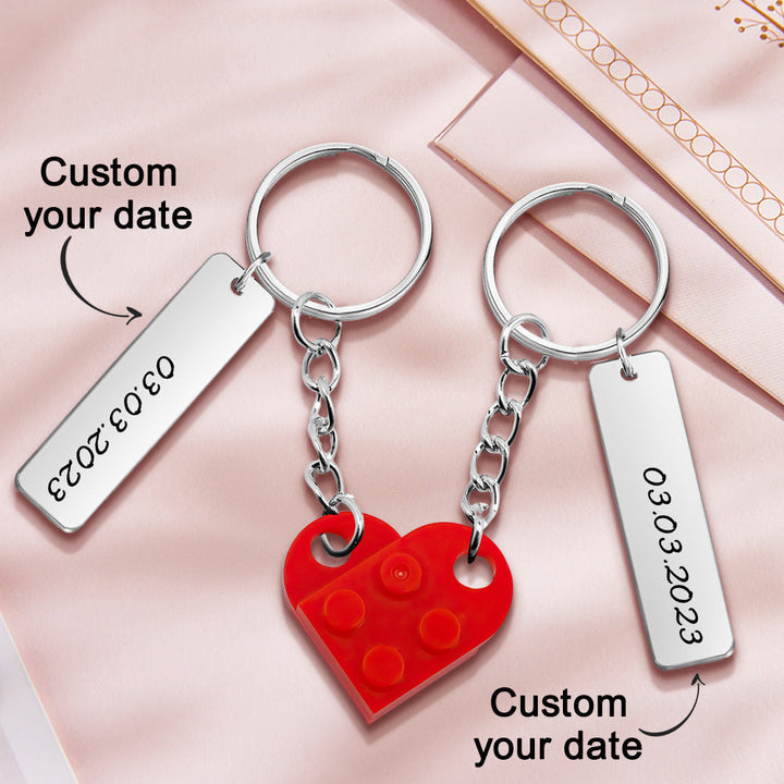 Personalized Date Matching Couples Love Heart Bricks Keychain for Couples
