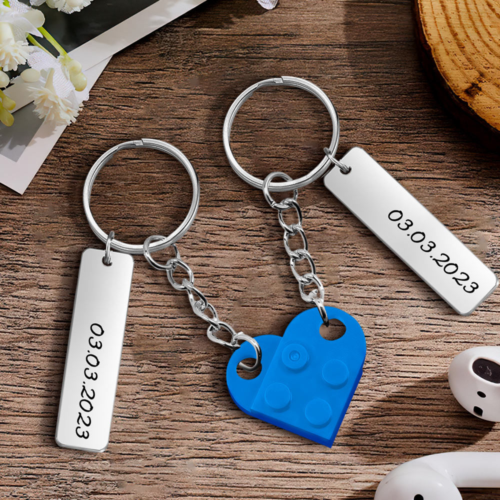 Personalized Date Matching Couples Love Heart Bricks Keychain for Couples