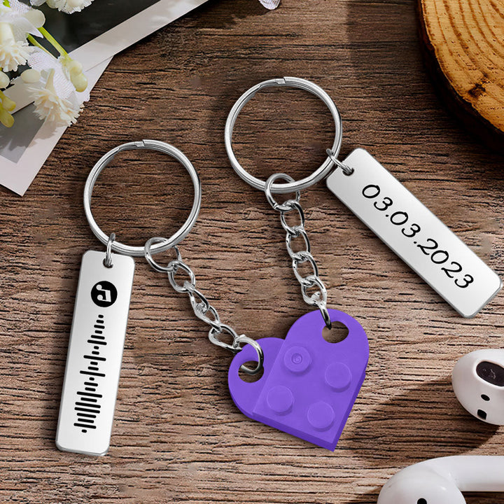 Personalized Music Code and Date Matching Couples Love Heart Bricks Keychain for Couples