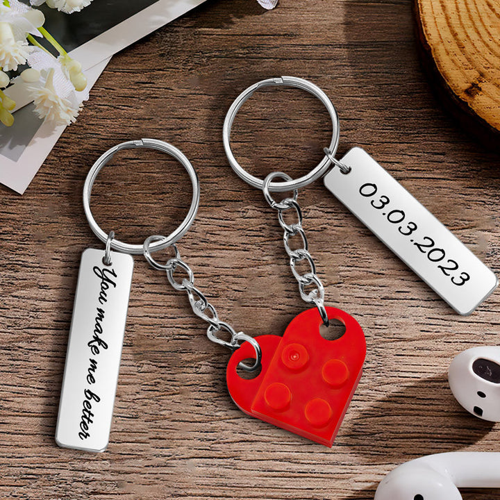 Personalized Text Matching Couples Love Heart Bricks Keychain for Couples