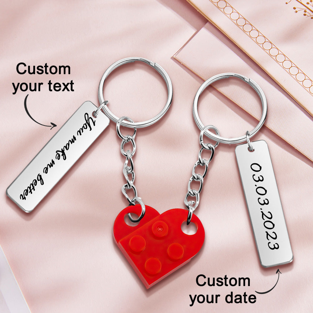Personalized Text Matching Couples Love Heart Bricks Keychain for Couples