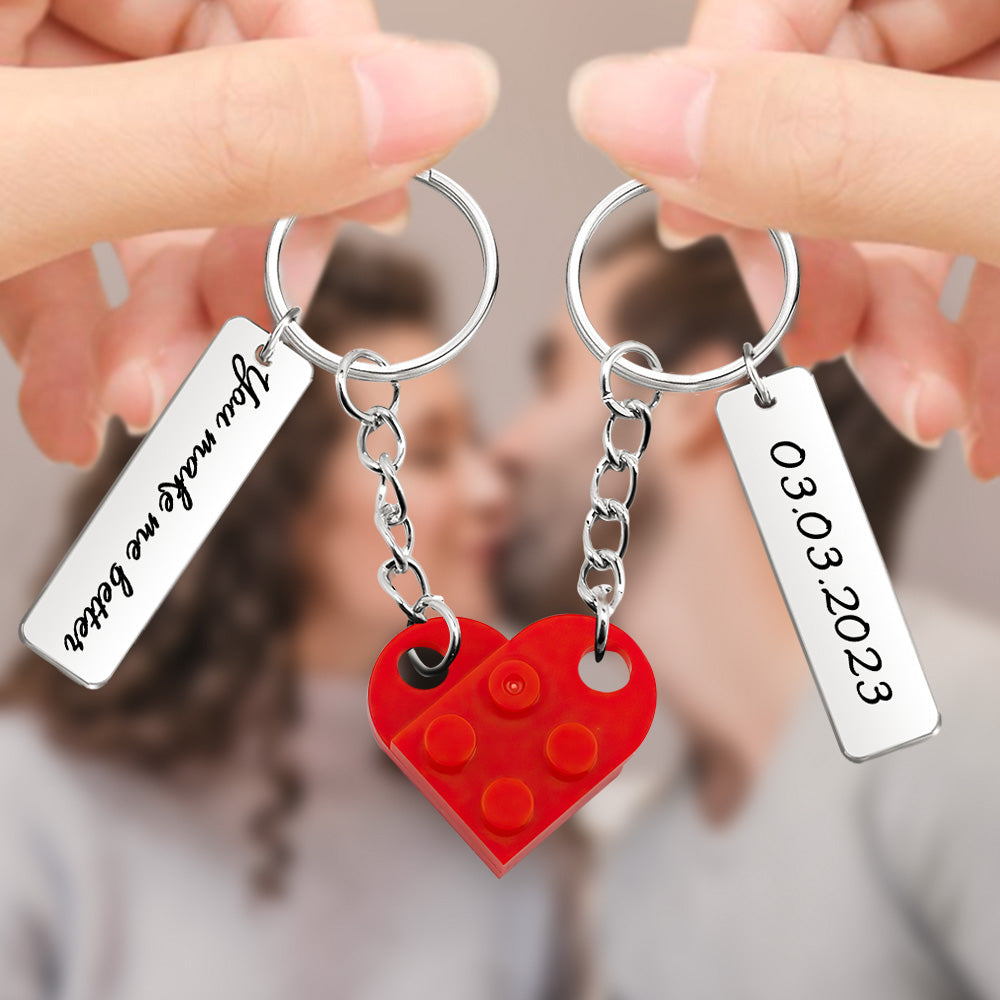 Personalized Text Matching Couples Love Heart Bricks Keychain for Couples