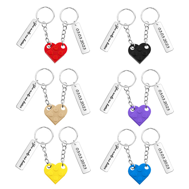 Personalized Text Matching Couples Love Heart Bricks Keychain for Couples