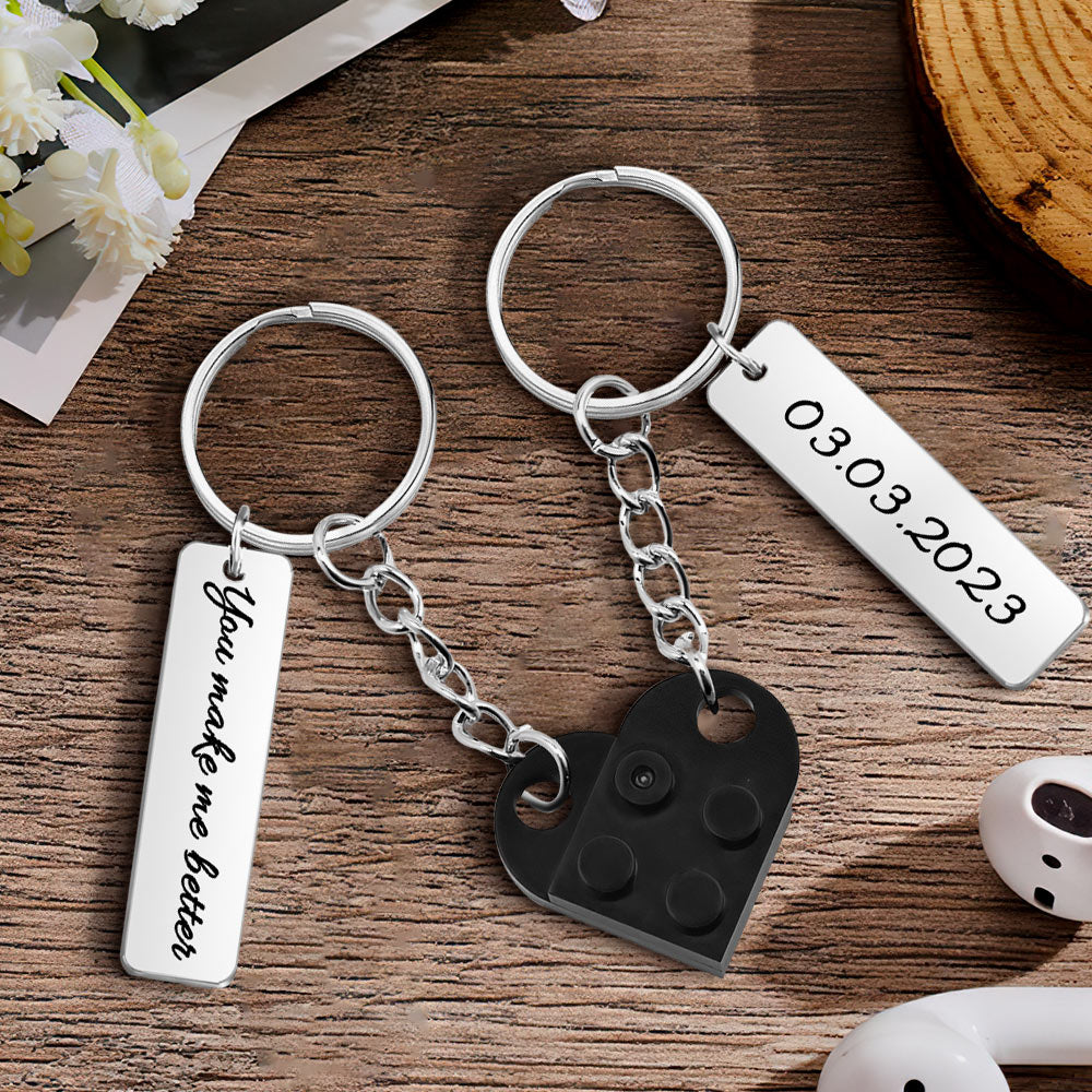 Personalized Text Matching Couples Love Heart Bricks Keychain for Couples