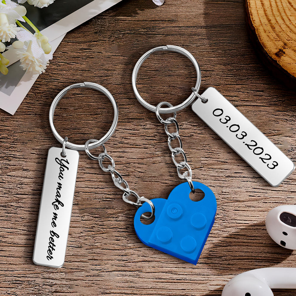 Personalized Text Matching Couples Love Heart Bricks Keychain for Couples